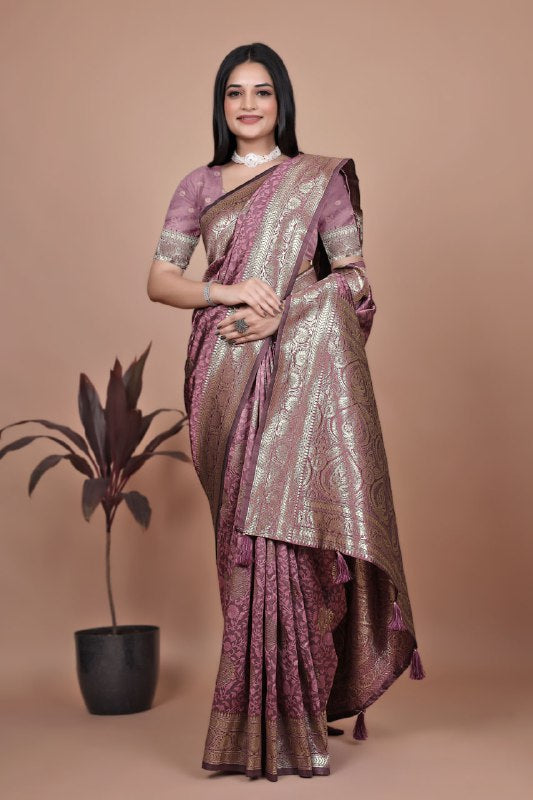 Dusty Rose Banarasi Silk Saree with Gold Zari Butti and Regal Pallu