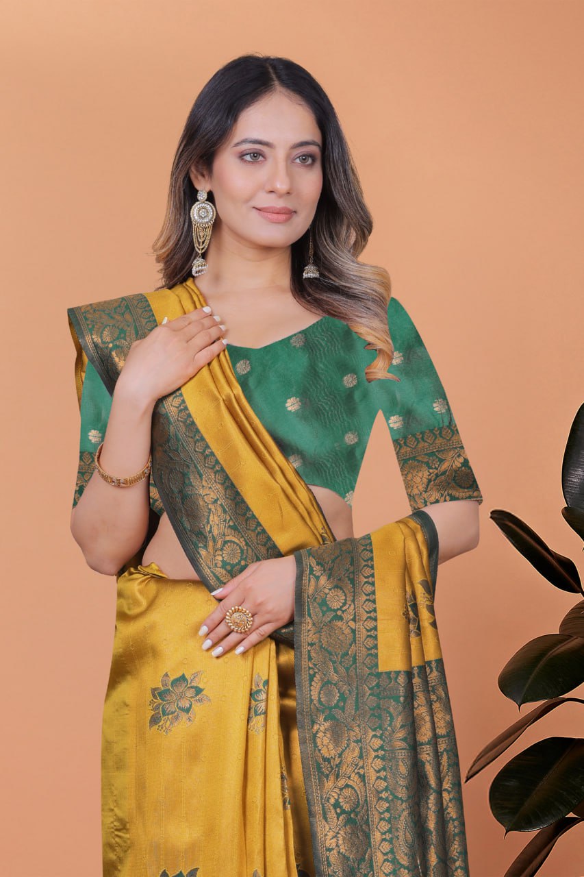 Golden Mustard & Bottle Green Banarasi Silk Saree with Floral Accents