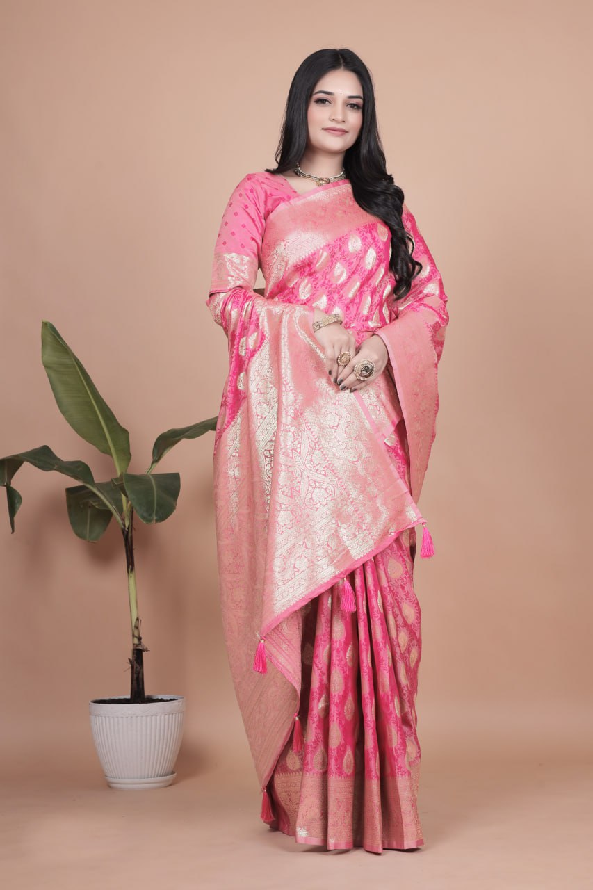 Rani Pink Banarasi Silk Saree with Golden Zari Weaving