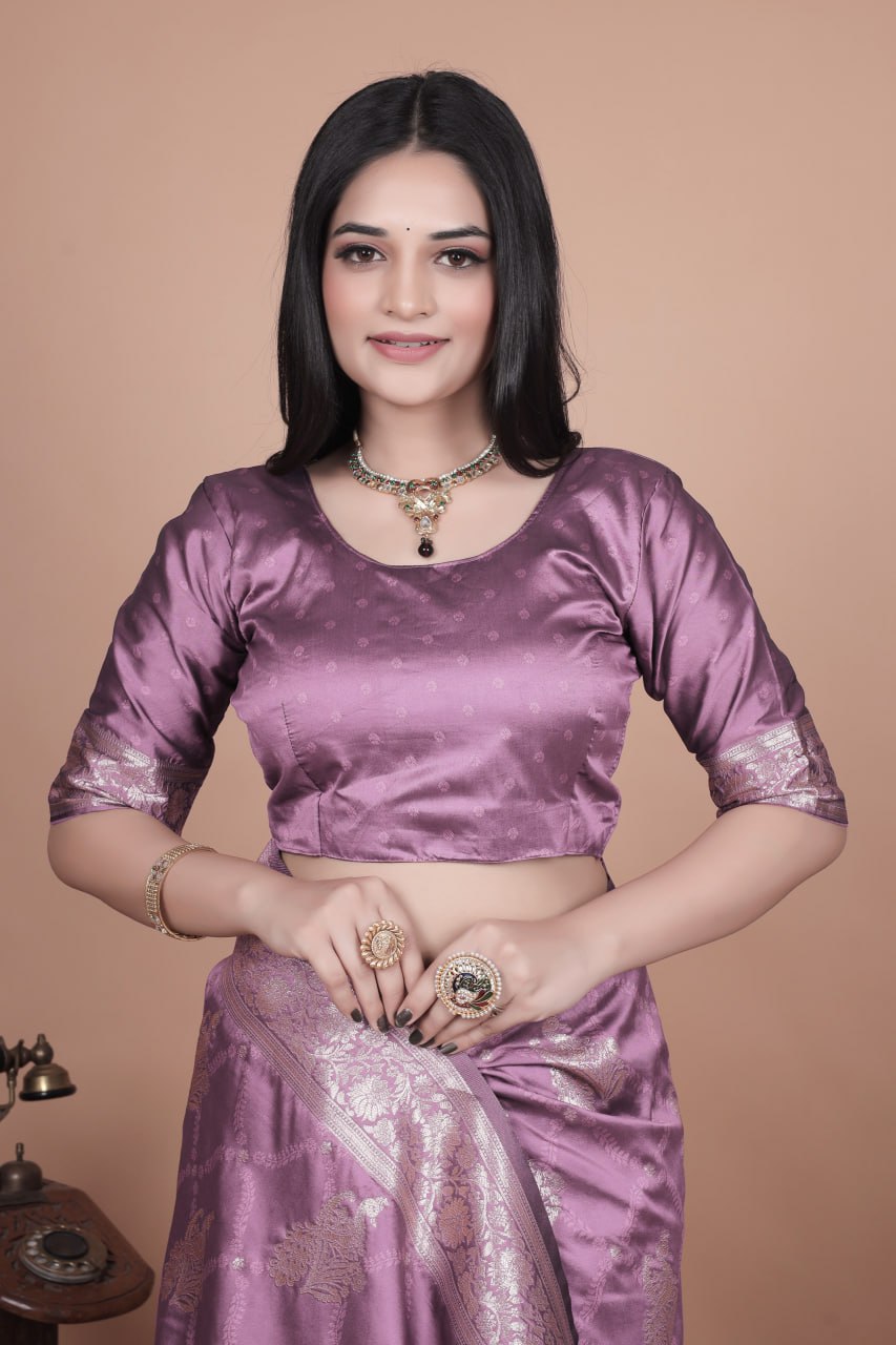 Lavender Banarasi Silk Saree with Silver Zari Weaving