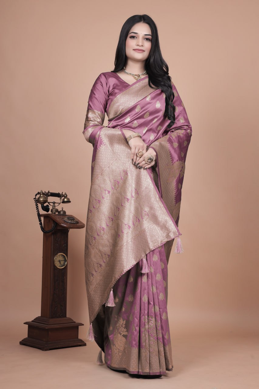 Mauve Purple Banarasi Silk Saree with Gold Zari Peacock Work