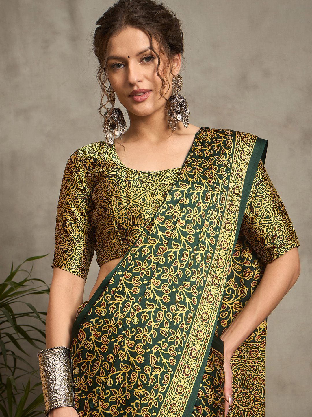 Elegant Handcrafted Gajji Silk Saree in Deep Green with Mustard Ajrakh Print