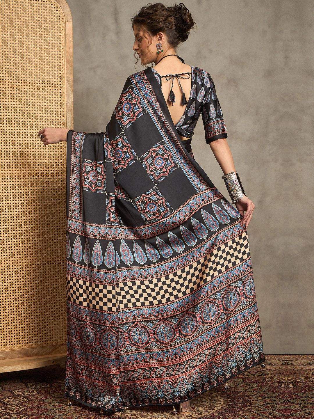 Black Gajji Silk Saree with Multicolor Ajrakh Motifs & Designer Pallu