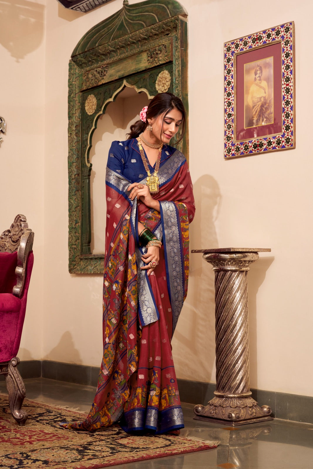 Poly Cotton Kalamkari Print With Zari Weaving Work Border Saree