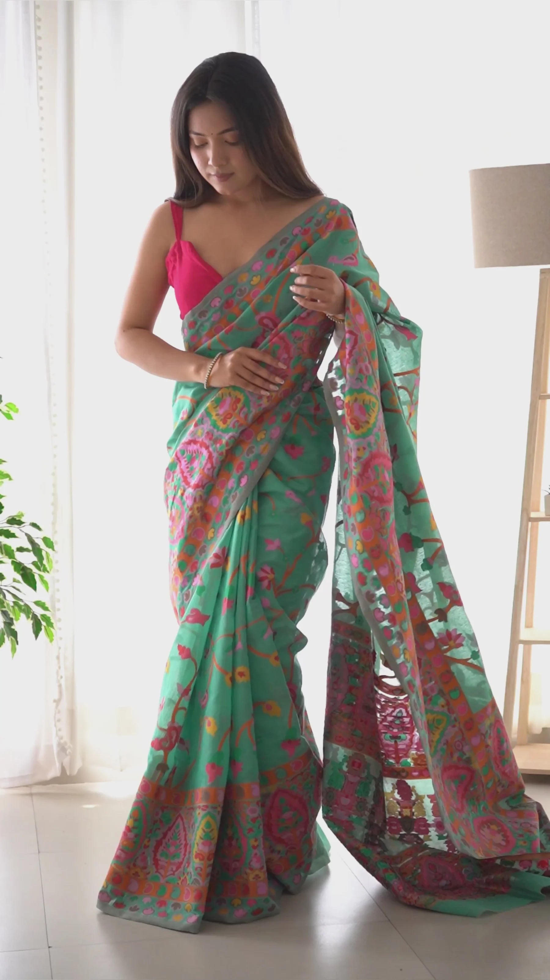 KASHMIRI PASHMINA COTTON KACHHI WORK MULTI THRADE SAREE