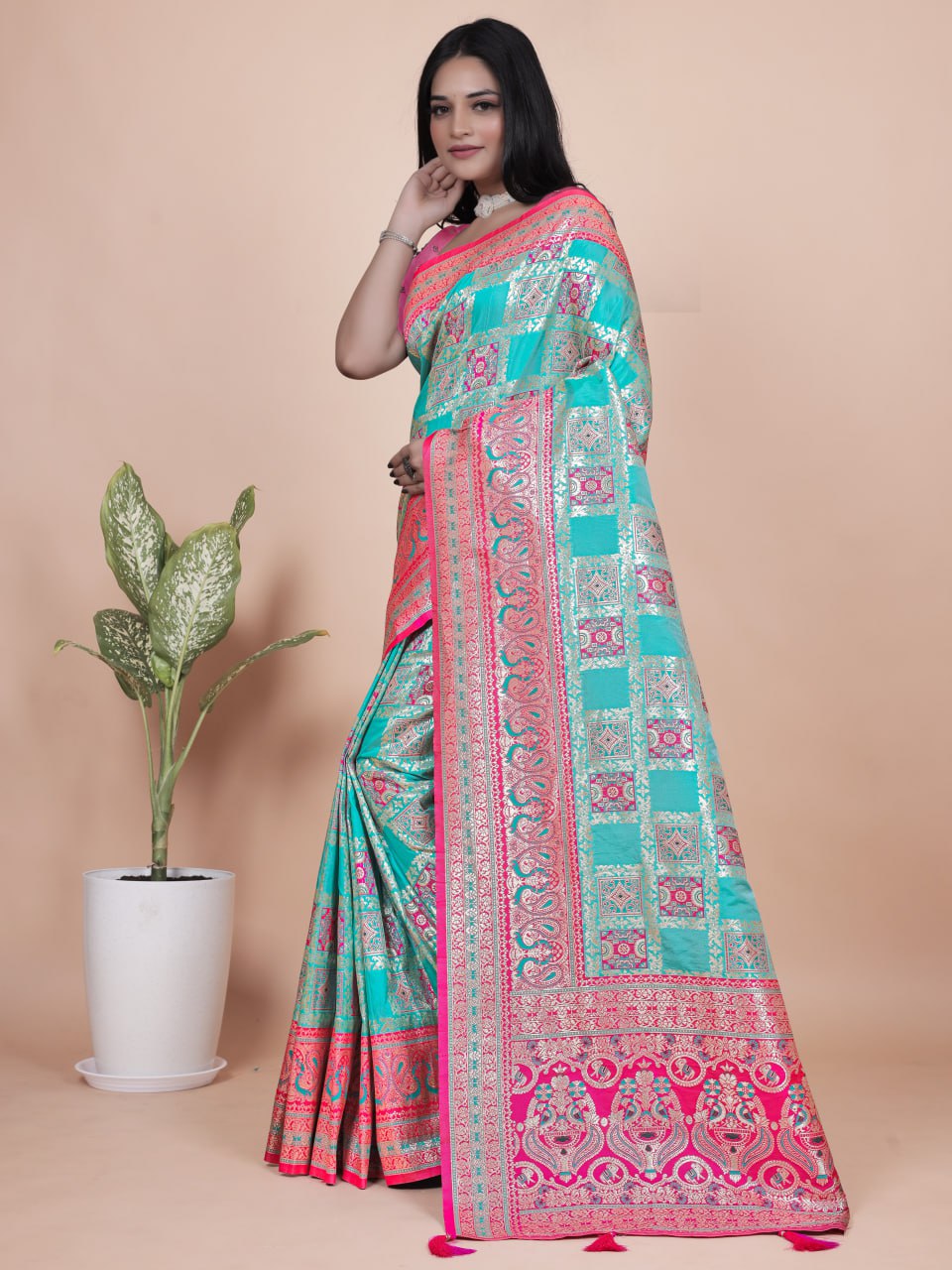 Aqua Blue and Pink Banarasi Silk Saree with Silver Zari Weaving