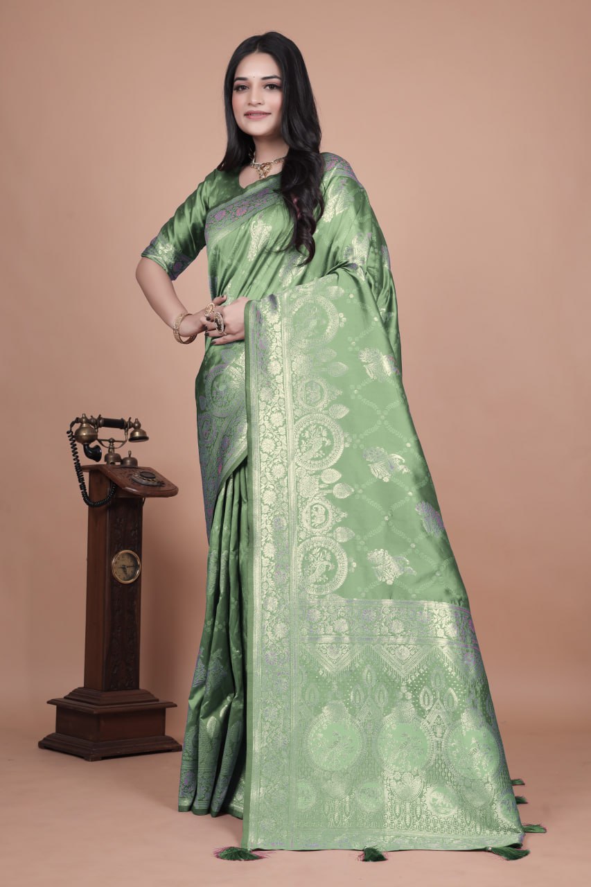 Mint Green Banarasi Silk Saree with Golden Zari Weaving
