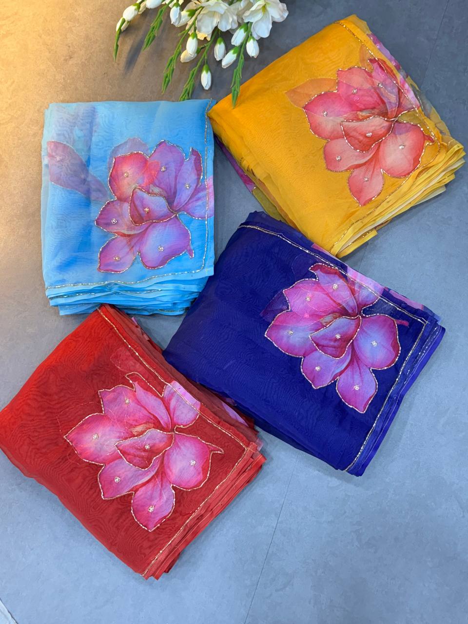 FLOWER HANDWORK CUT DANA ROSE SOFT TABI ORGANZA HANDWORK SAREE