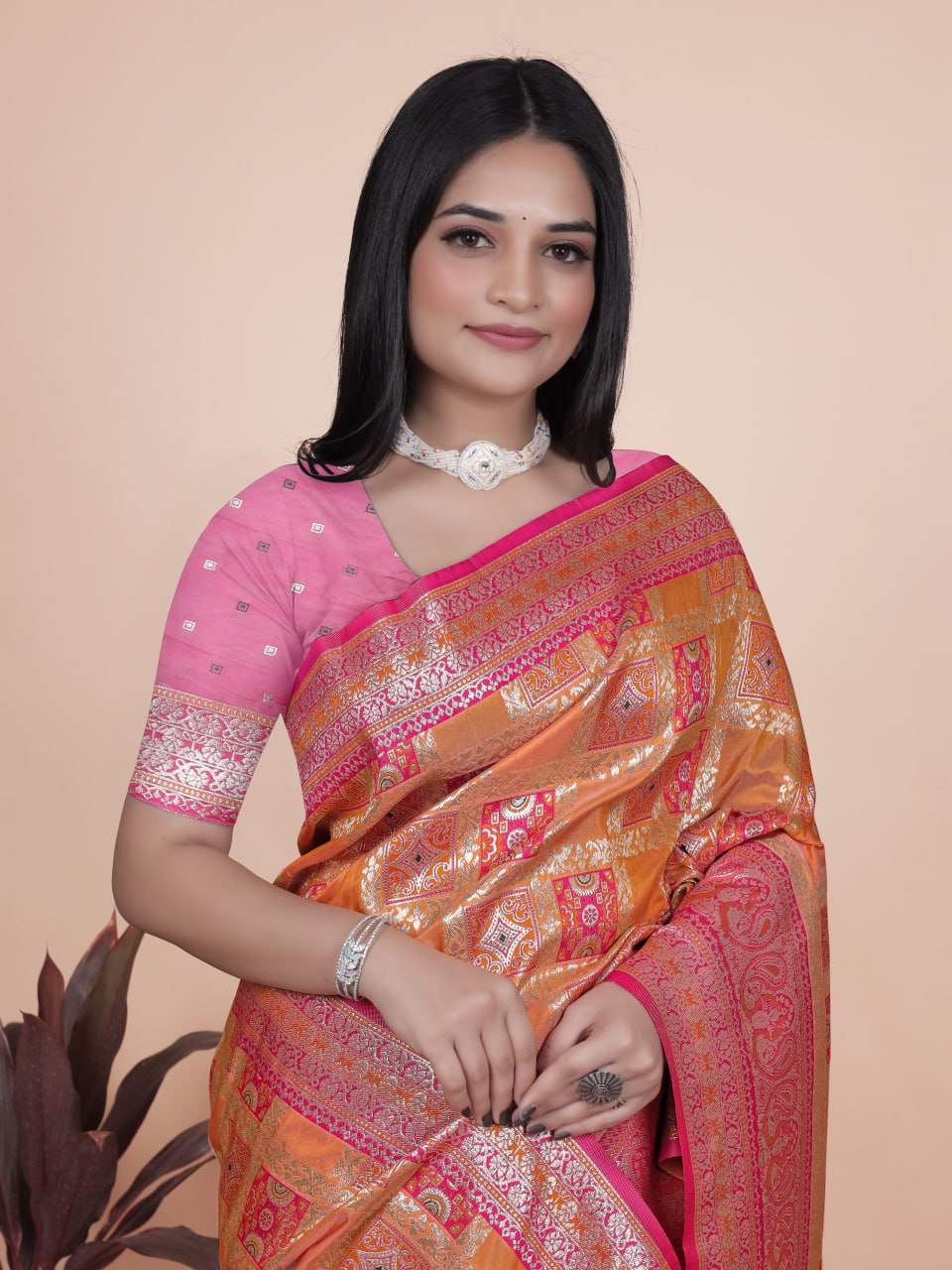 Orange and Pink Banarasi Silk Saree with Silver Zari Work