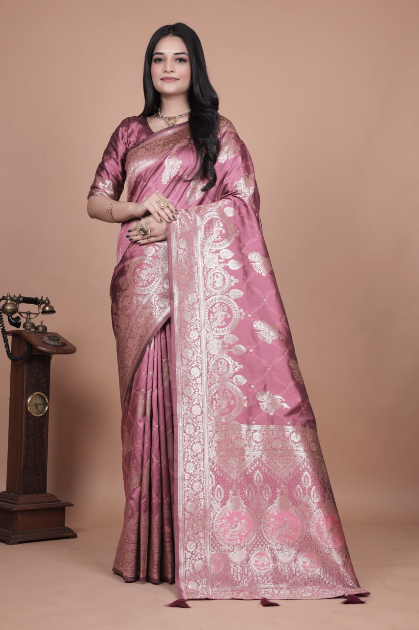 Rose Pink Banarasi Silk Saree with Intricate Silver Zari Weave