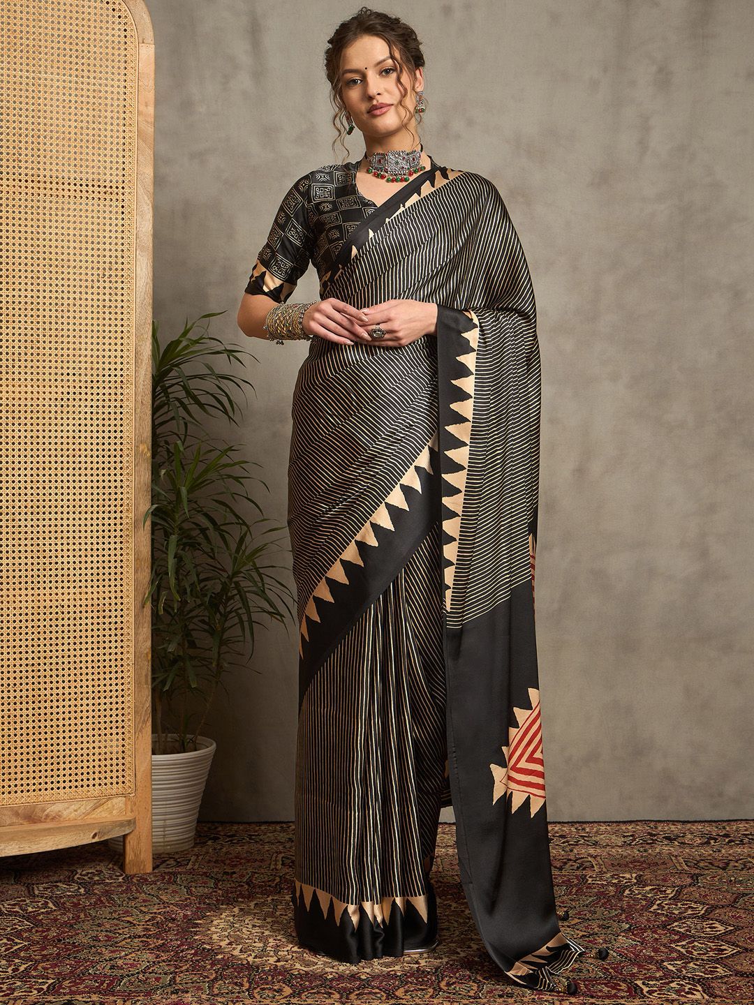 Black Gajji Silk Saree with Tribal Red Geometric Motif & Contrast Border
