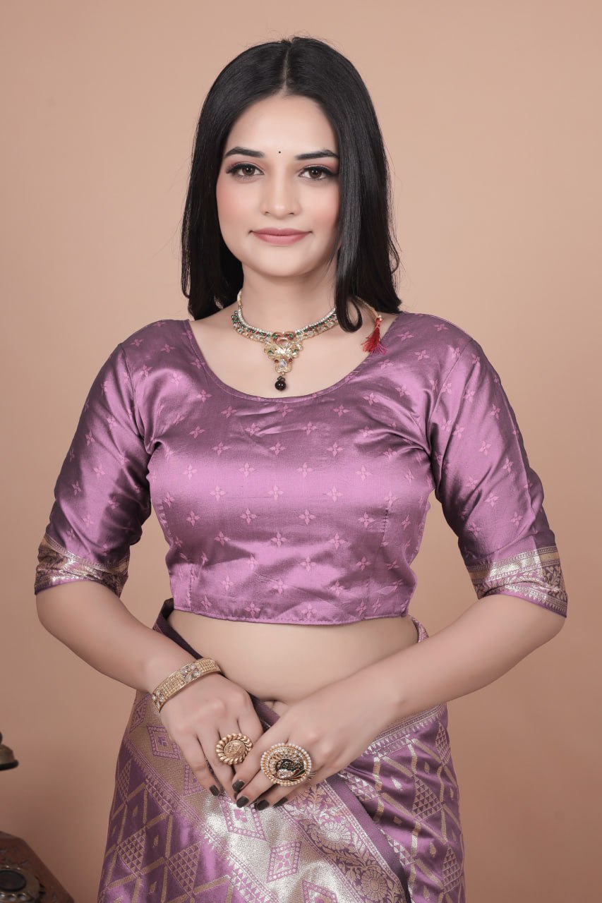 Lavender Banarasi Silk Saree with Silver Zari Geometric and Floral Design