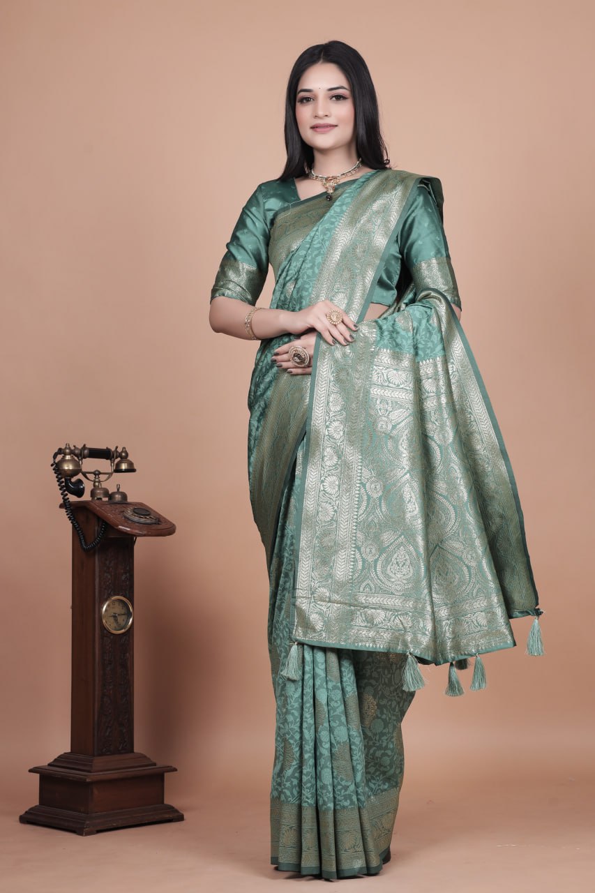 Pastel Teal Banarasi Silk Saree with Gold Zari Butti and Ornate Pallu