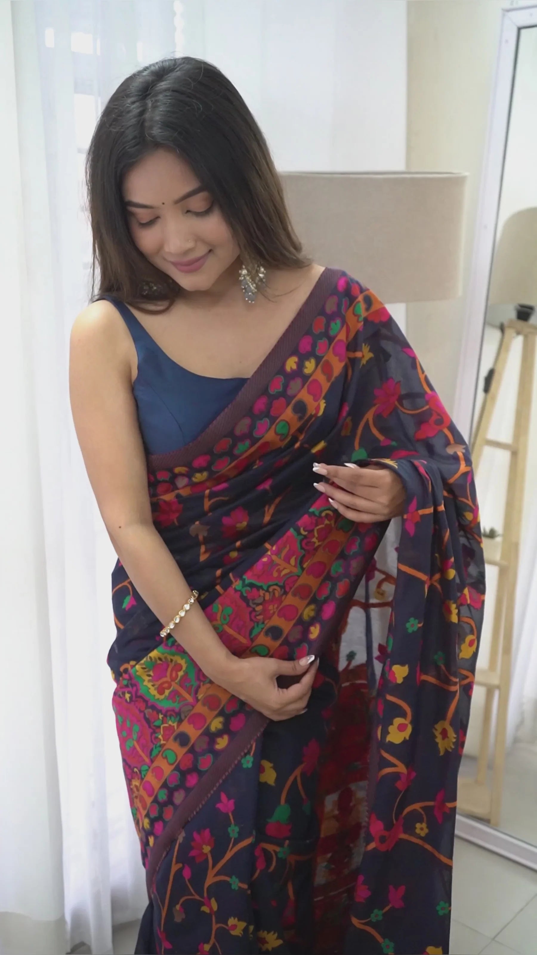 KASHMIRI PASHMINA COTTON KACHHI WORK MULTI THRADE SAREE