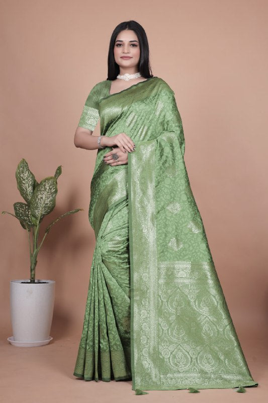 Pista Green Banarasi Silk Saree with Silver Zari Butti and Ornate Pallu