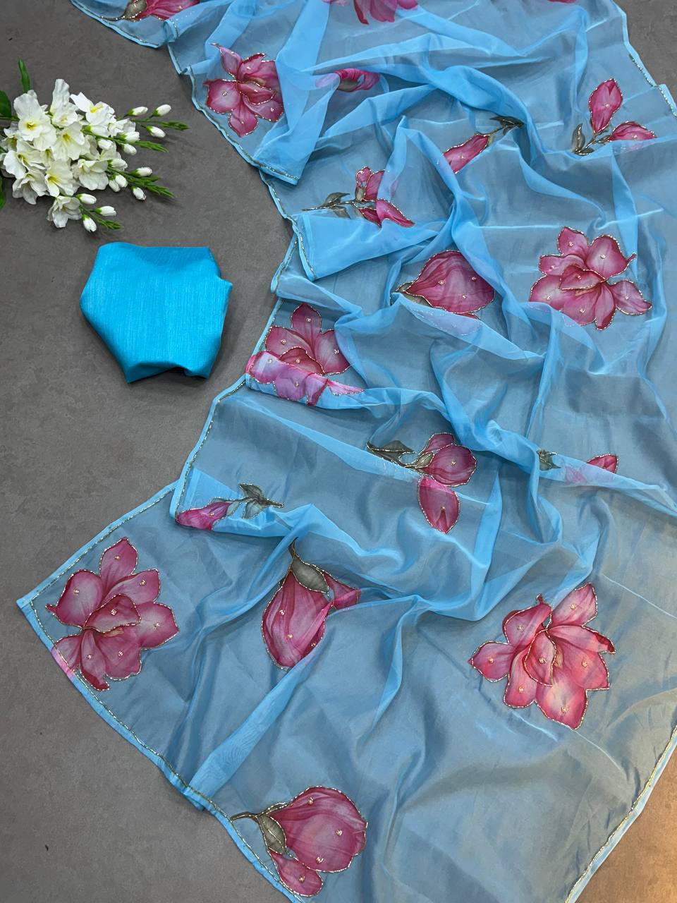 FLOWER HANDWORK CUT DANA ROSE SOFT TABI ORGANZA HANDWORK SAREE