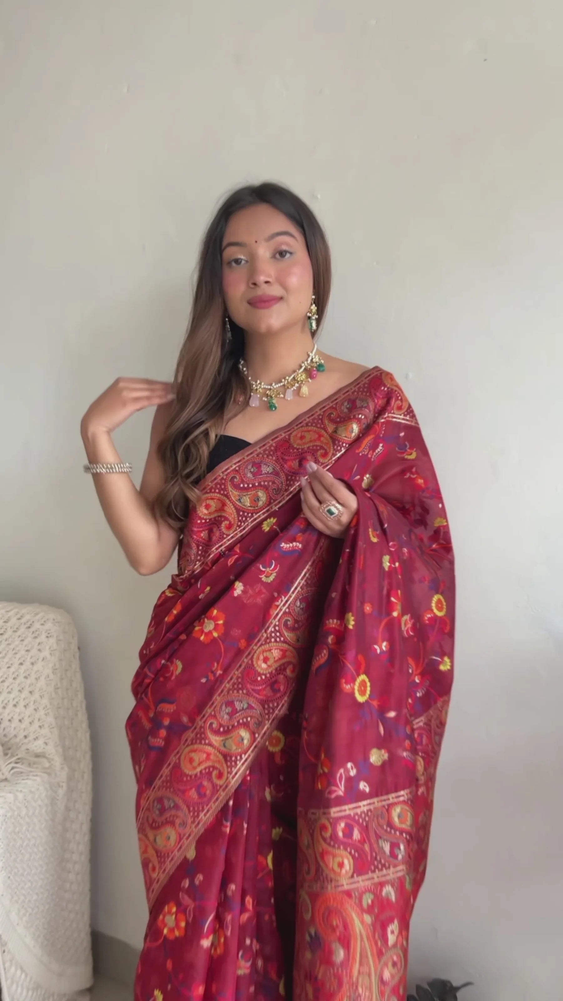 KASHMIRI PASHMINA COTTON KACHHI WORK MULTI THRADE SAREE