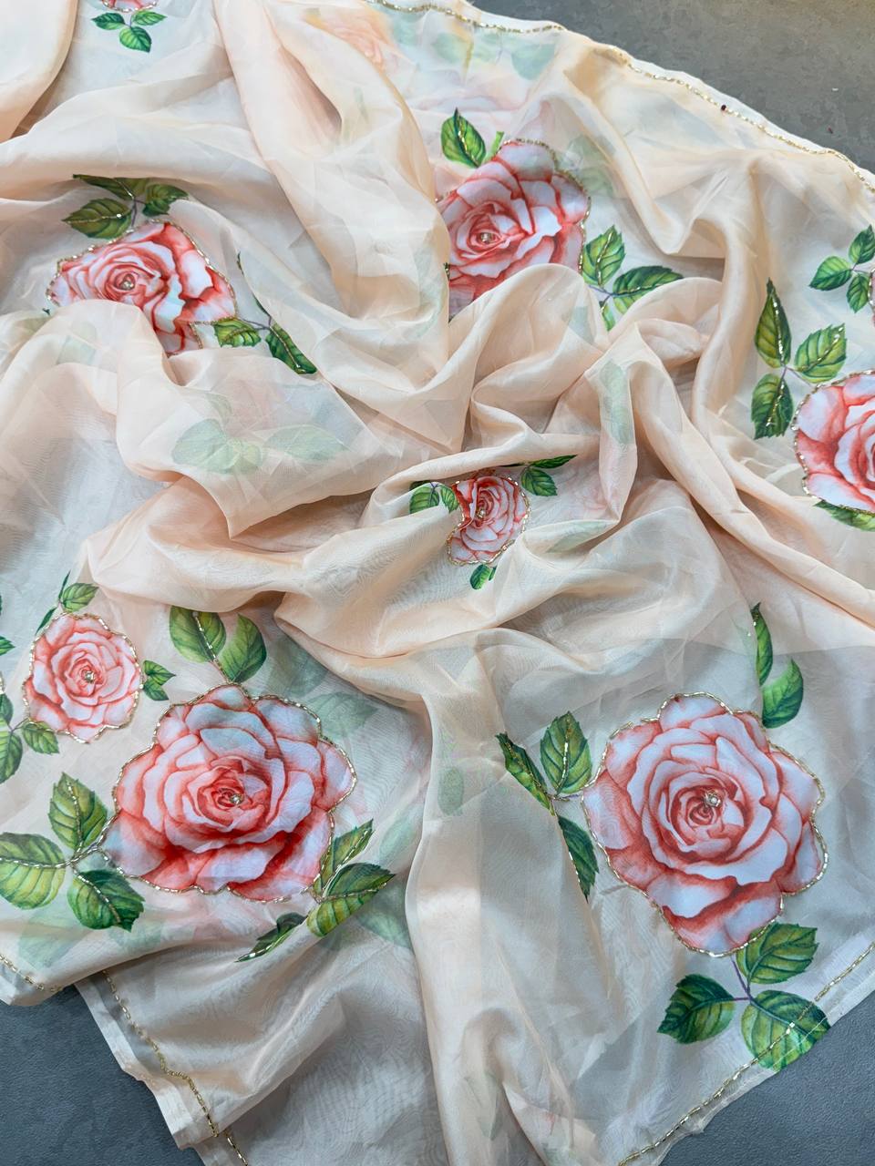 FLOWER HANDWORK CUT DANA ROSE SOFT TABI ORGANZA HANDWORK SAREE