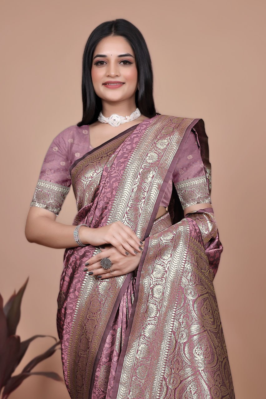 Dusty Rose Banarasi Silk Saree with Gold Zari Butti and Regal Pallu