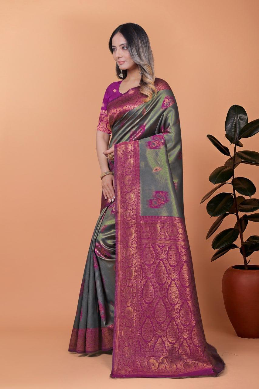 Graceful Banarasi Silk Saree in Grey-Green with Magenta Zari Border & Blouse Piece