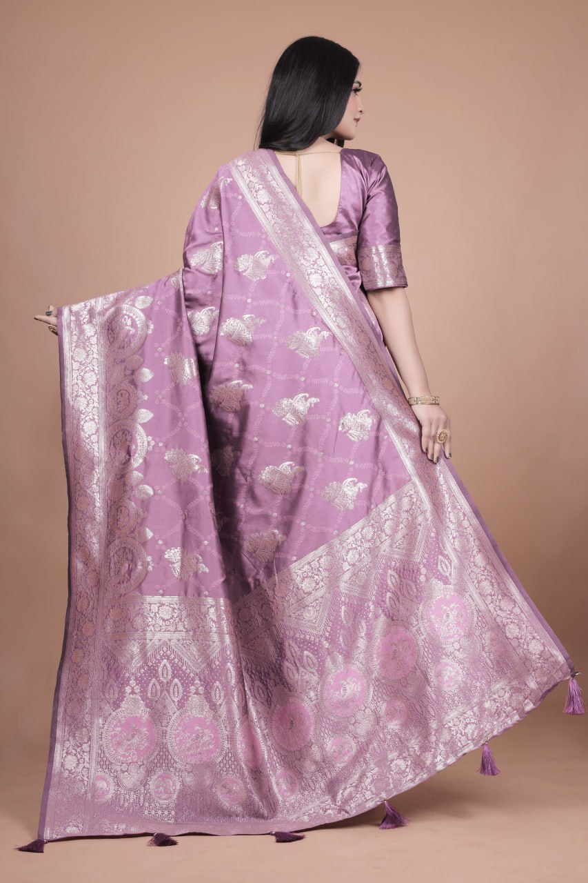 Lavender Banarasi Silk Saree with Silver Zari Weaving