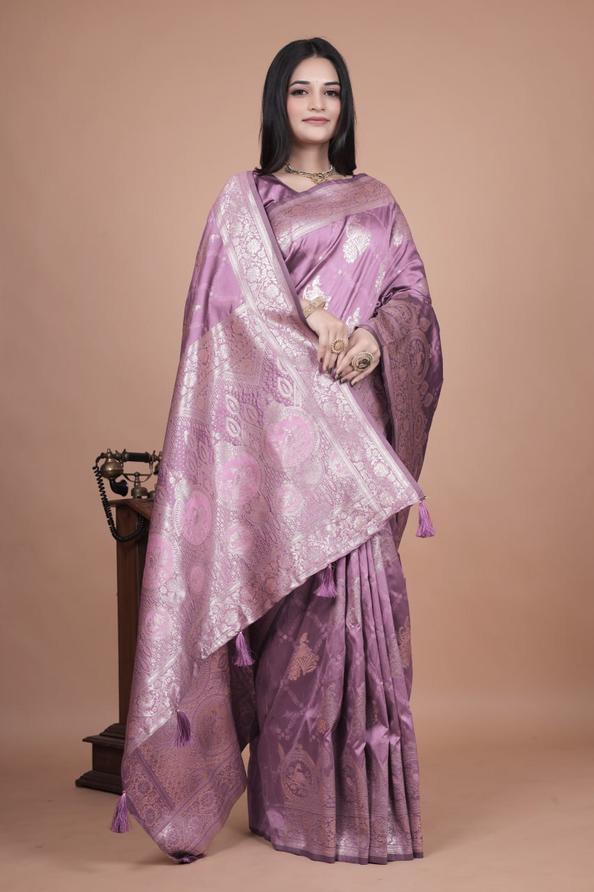 Lavender Banarasi Silk Saree with Silver Zari Weaving