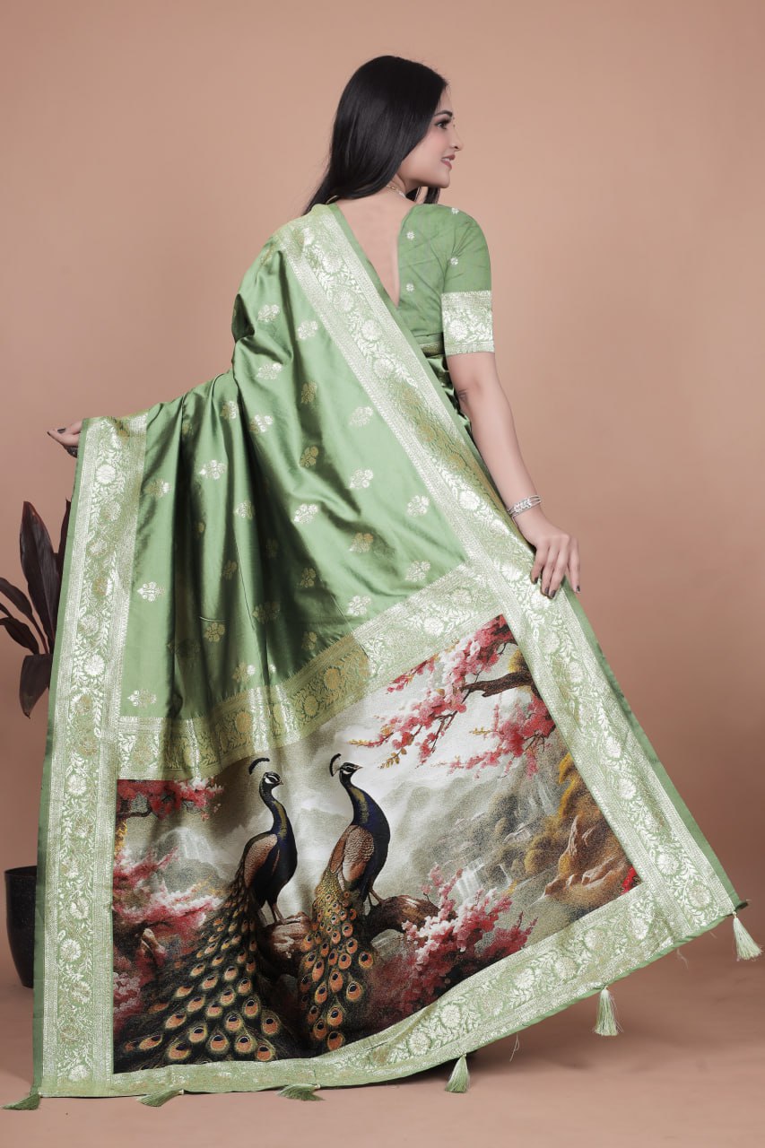Elegant Sage Green Banarasi Silk Saree with Majestic Peacock Pallu