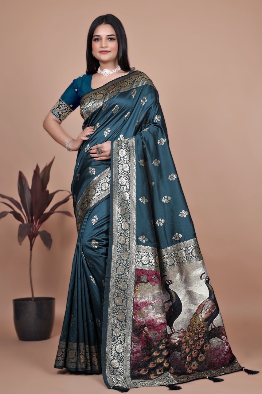 Teal Banarasi Silk Saree with Majestic Peacock Pallu
