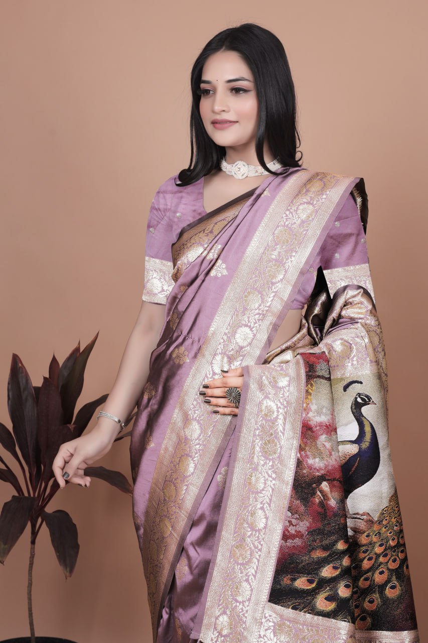Lavender Banarasi Silk Saree with Majestic Peacock Motif Pallu