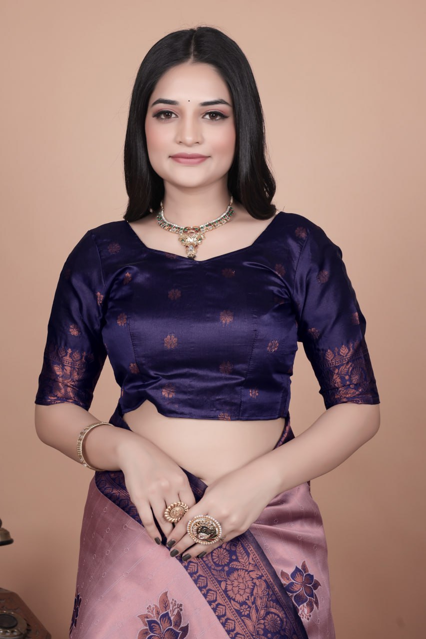 Mauve & Midnight Blue Banarasi Silk Saree with Lotus Motifs