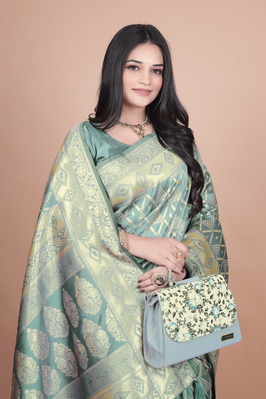 Pastel Green Banarasi Silk Saree with Golden Zari Geometric & Floral Weaves