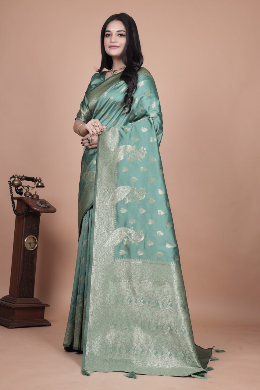 Elegant Mint Green Banarasi Silk Saree with Zari Weaving