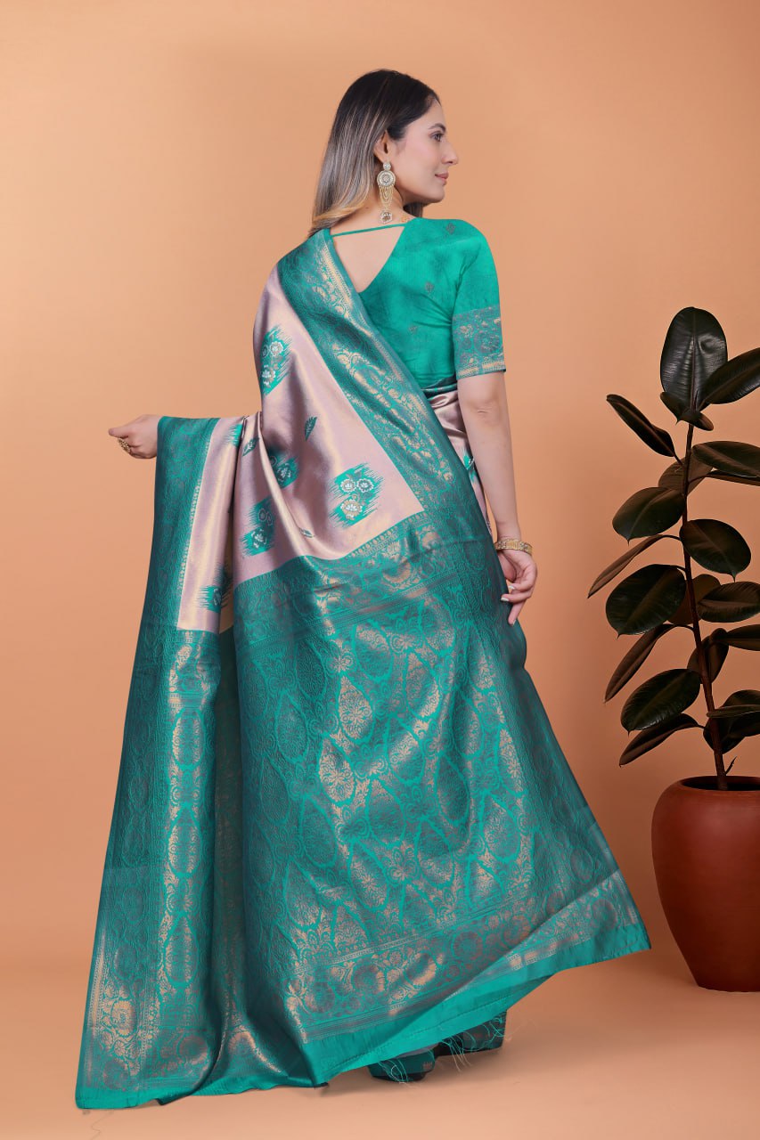 Light Lavender & Teal Green Banarasi Silk Saree with Zari Detailing