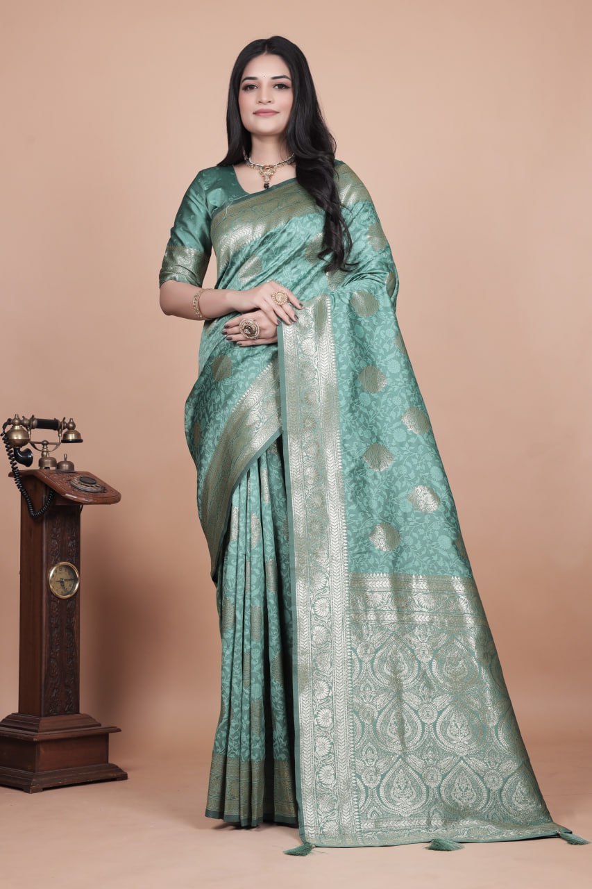 Pastel Teal Banarasi Silk Saree with Gold Zari Butti and Ornate Pallu