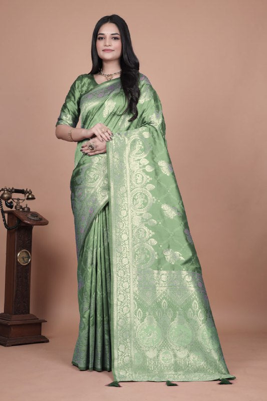 Mint Green Banarasi Silk Saree with Golden Zari Weaving