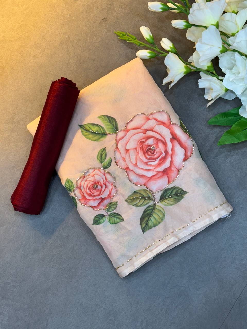 FLOWER HANDWORK CUT DANA ROSE SOFT TABI ORGANZA HANDWORK SAREE