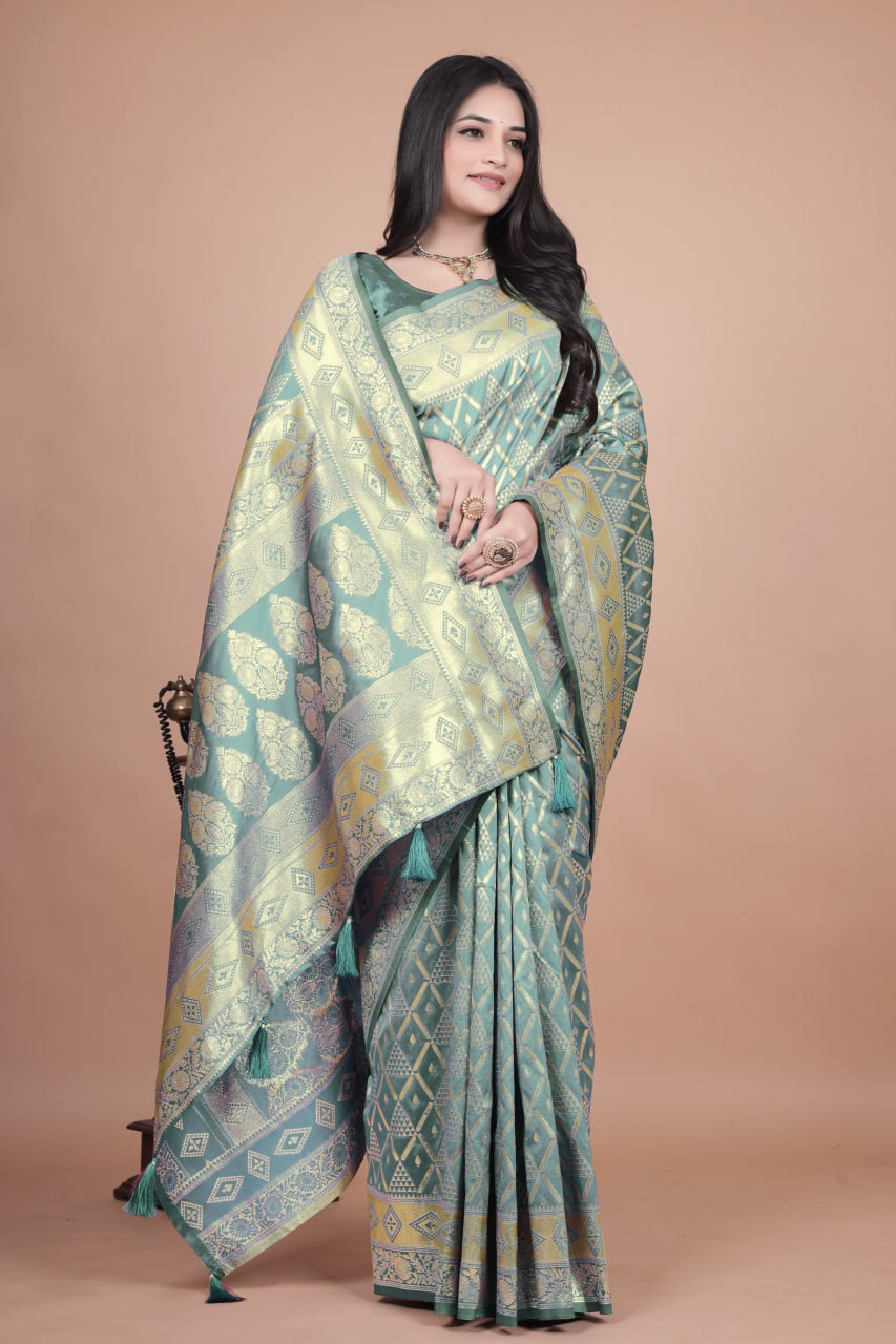 Pastel Green Banarasi Silk Saree with Golden Zari Geometric & Floral Weaves