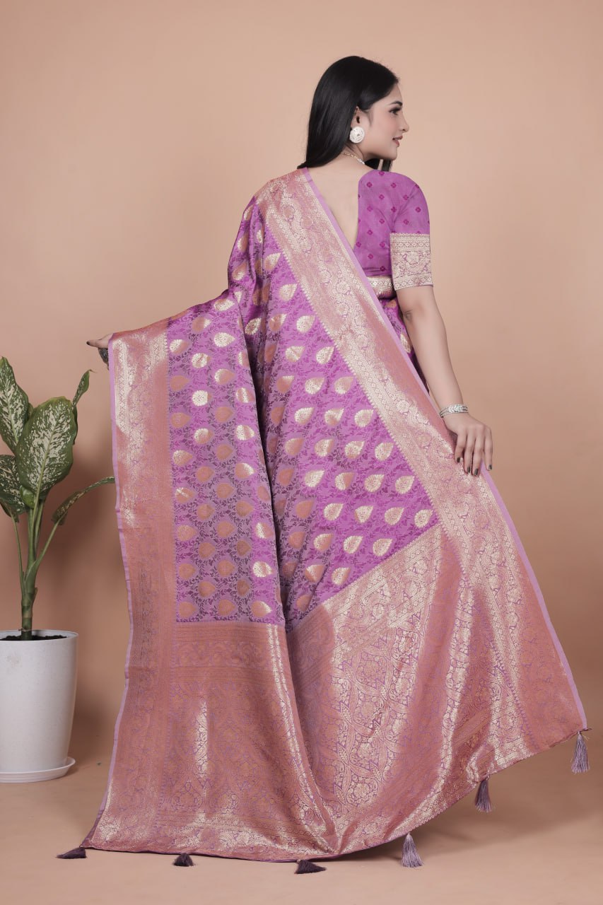 Royal Purple Banarasi Silk Saree with Golden Zari Butta Weaving