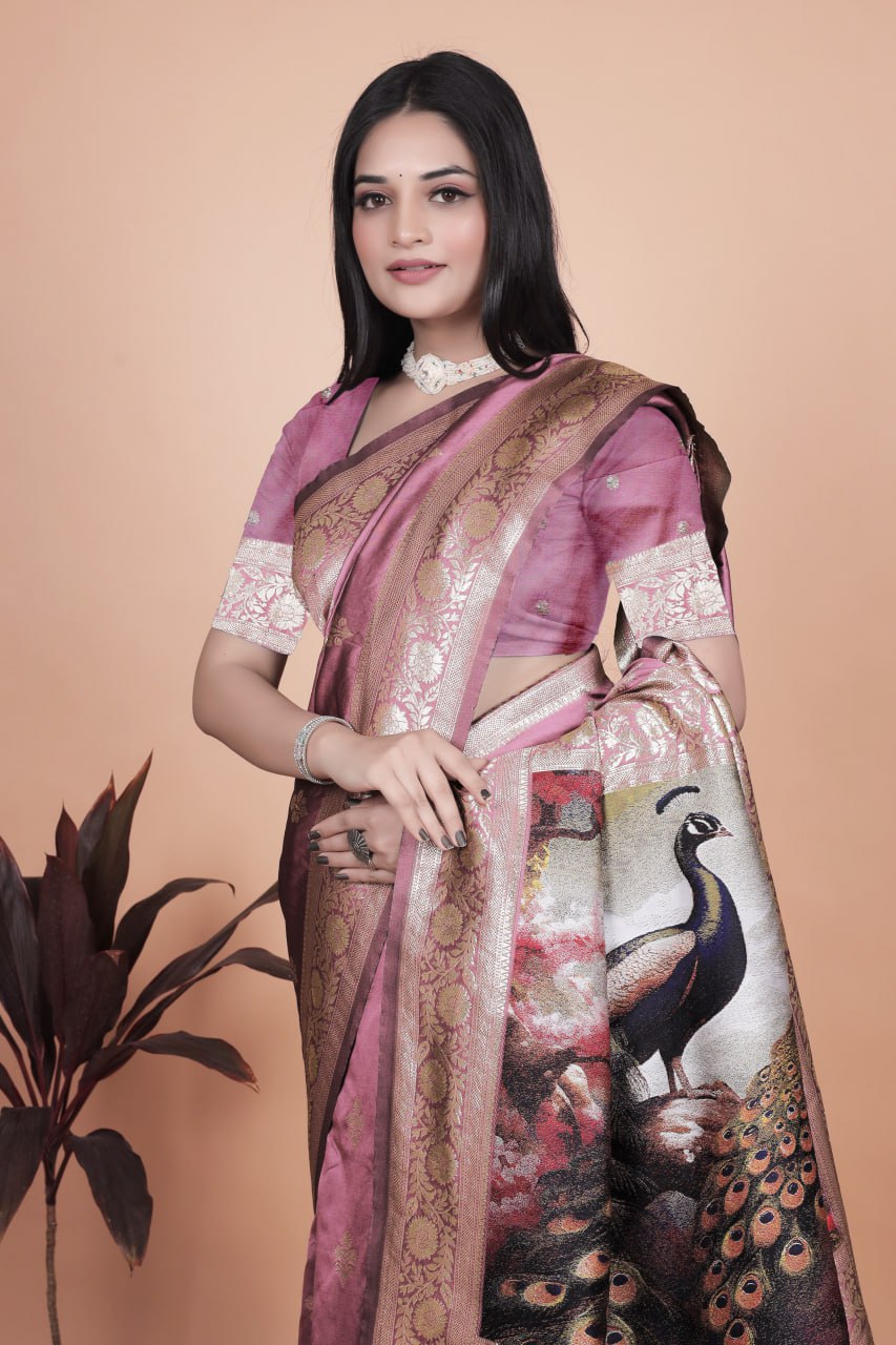 Rosewood Pink Banarasi Silk Saree with Artistic Peacock Pallu