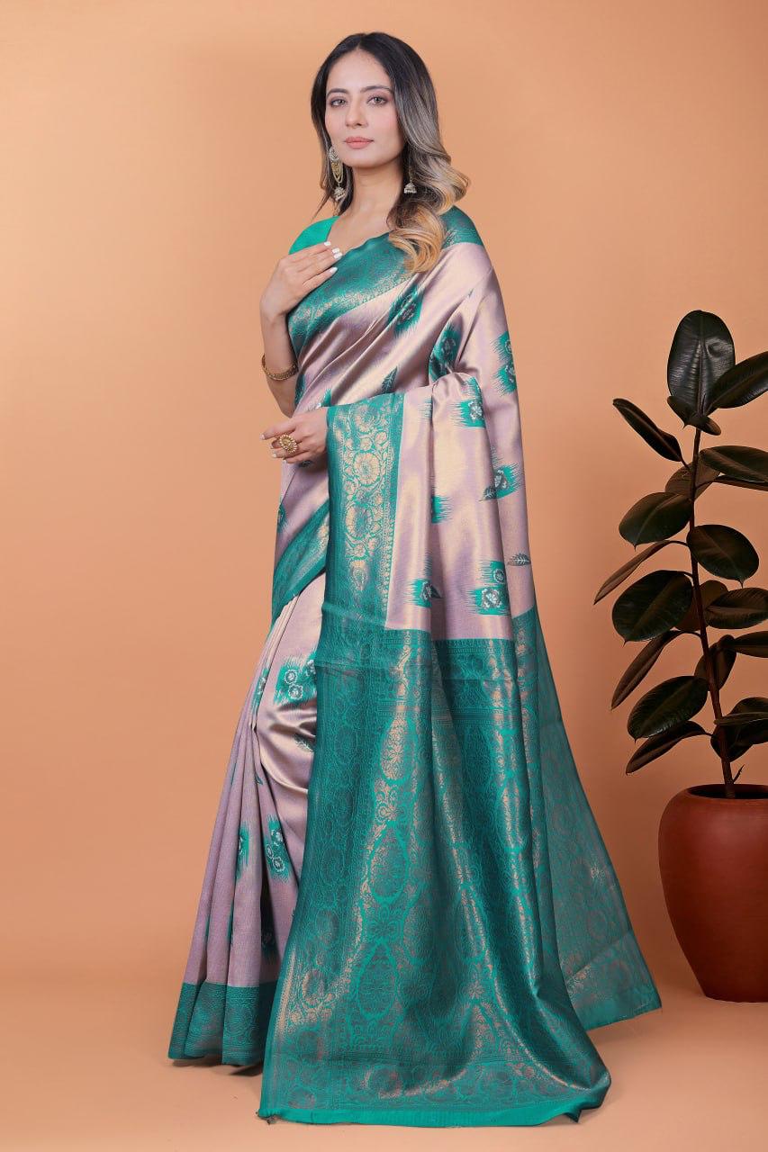 Light Lavender & Teal Green Banarasi Silk Saree with Zari Detailing