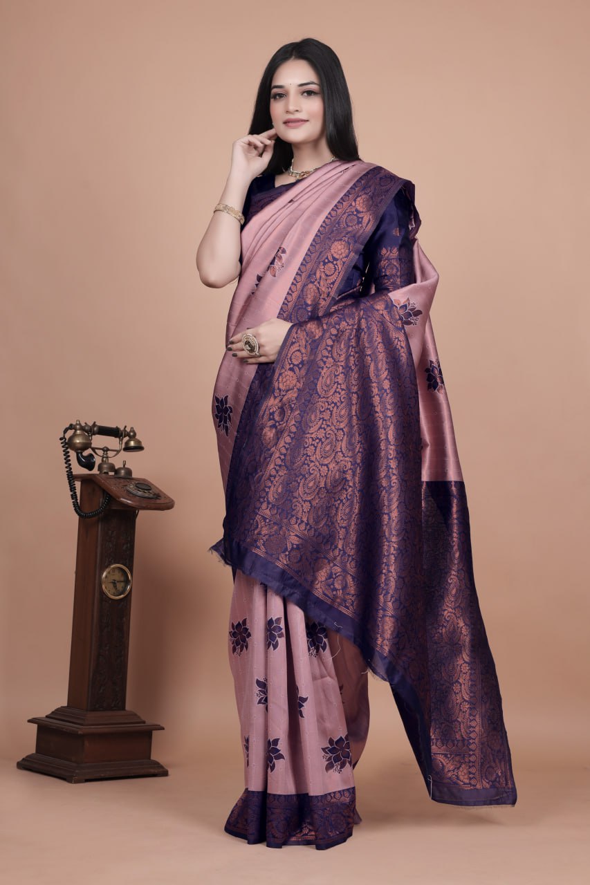 Mauve & Midnight Blue Banarasi Silk Saree with Lotus Motifs