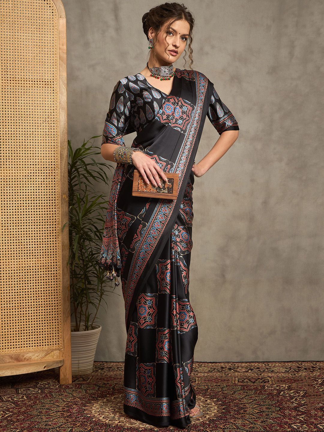 Black Gajji Silk Saree with Multicolor Ajrakh Motifs & Designer Pallu