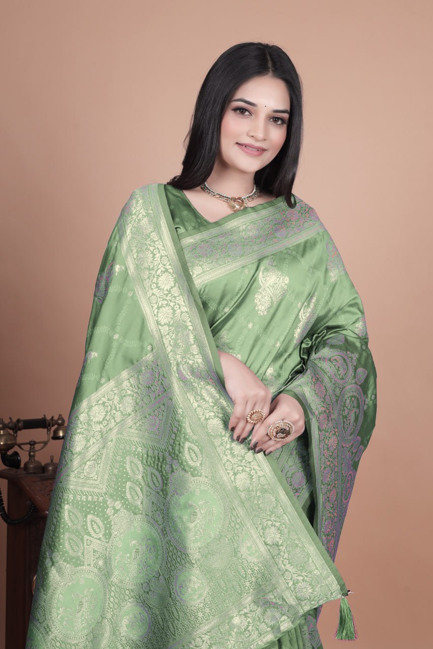 Mint Green Banarasi Silk Saree with Golden Zari Weaving