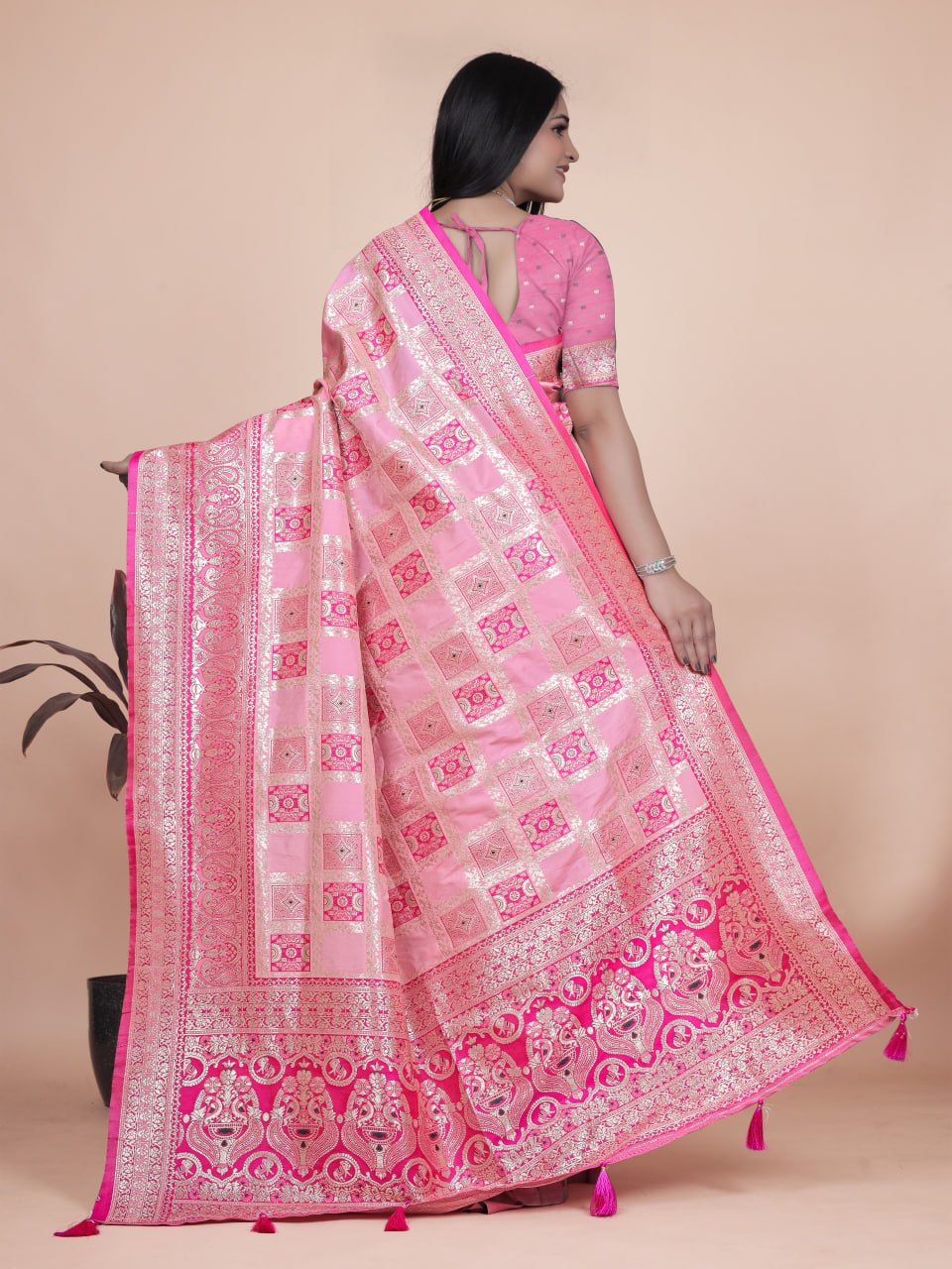 Baby Pink Banarasi Silk Saree with Rich Silver Zari Detailing