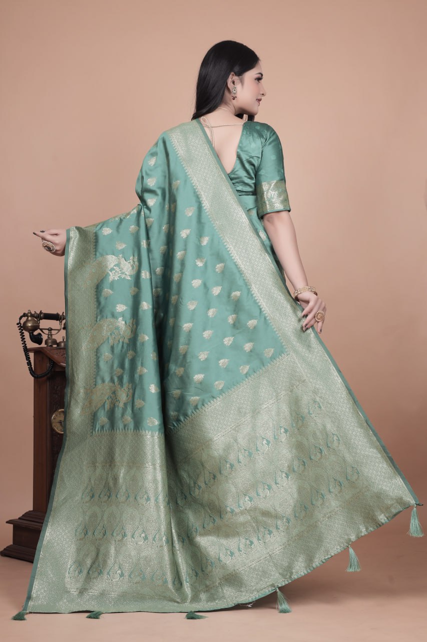 Elegant Mint Green Banarasi Silk Saree with Zari Weaving