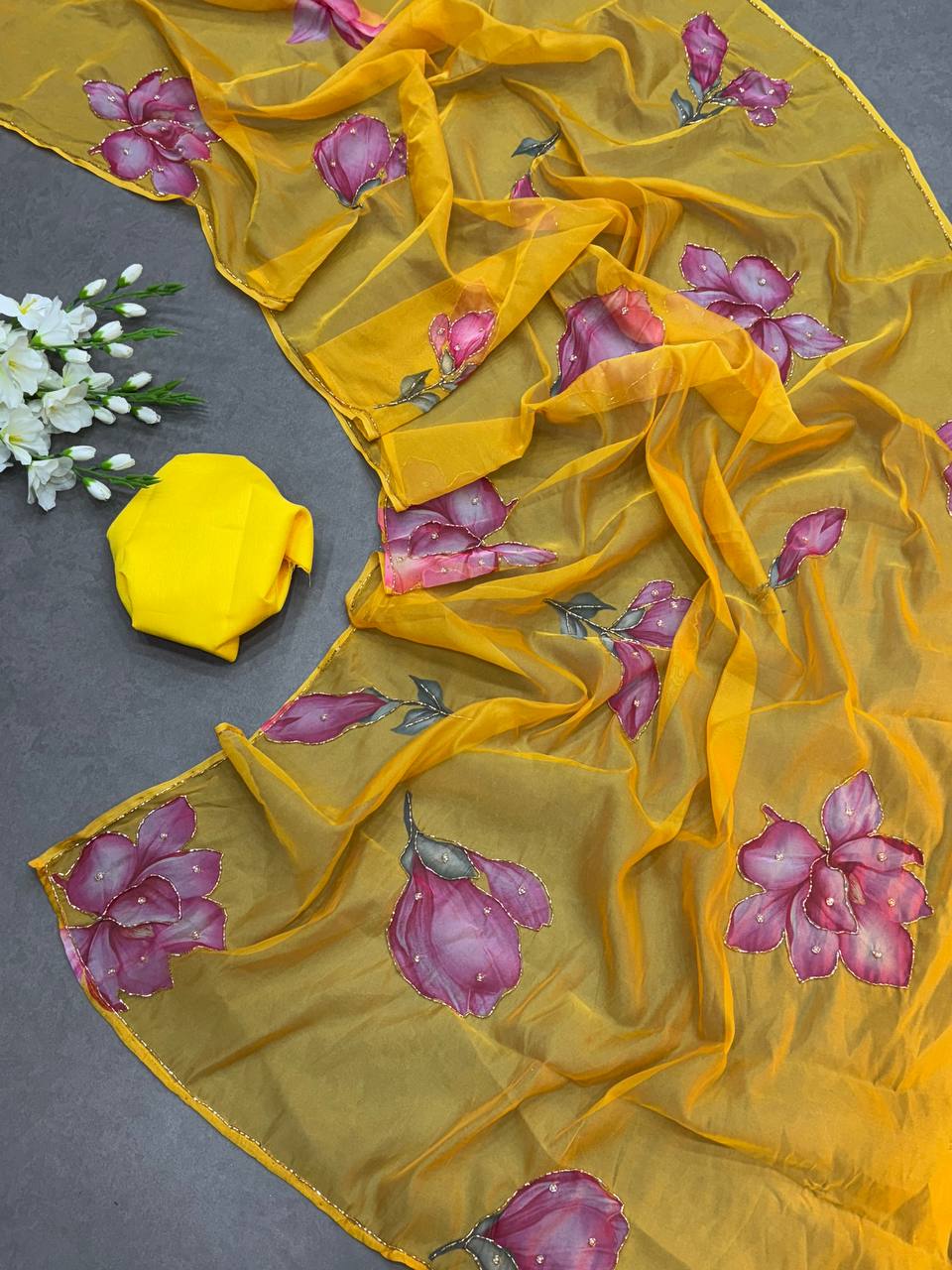FLOWER HANDWORK CUT DANA ROSE SOFT TABI ORGANZA HANDWORK SAREE
