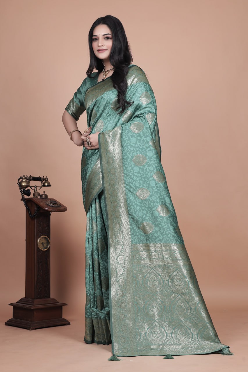 Pastel Teal Banarasi Silk Saree with Gold Zari Butti and Ornate Pallu