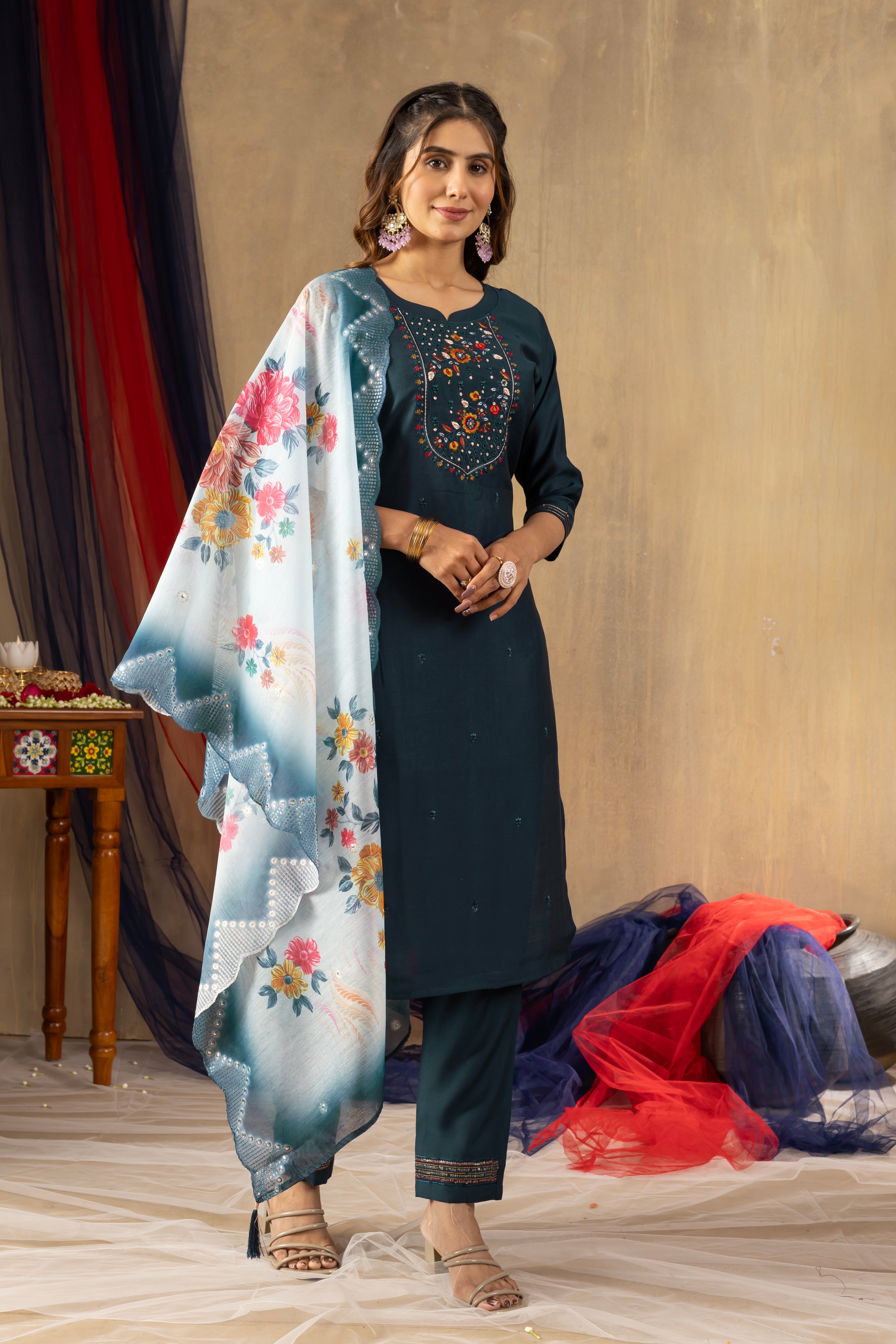 Elegant Straight Kurti Pant Dupatta Set