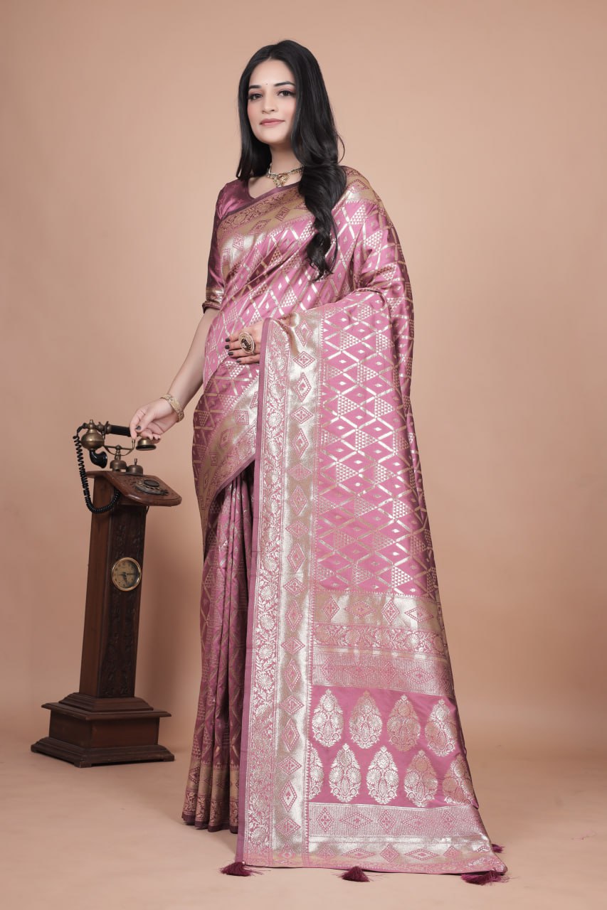 Mauve Banarasi Silk Saree with Silver Geometric and Floral Zari Work