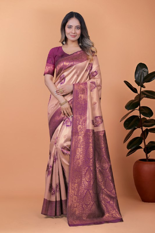 Beige & Plum Zari Woven Banarasi Silk Saree
